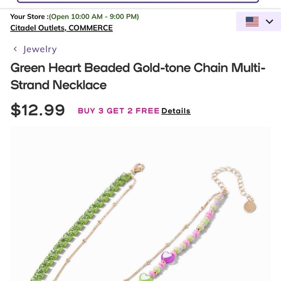 Claire's Green Pink Purple Heart Beads Faux Rhinestone Necklace, Gold-tone Chain - Picture 3 of 8